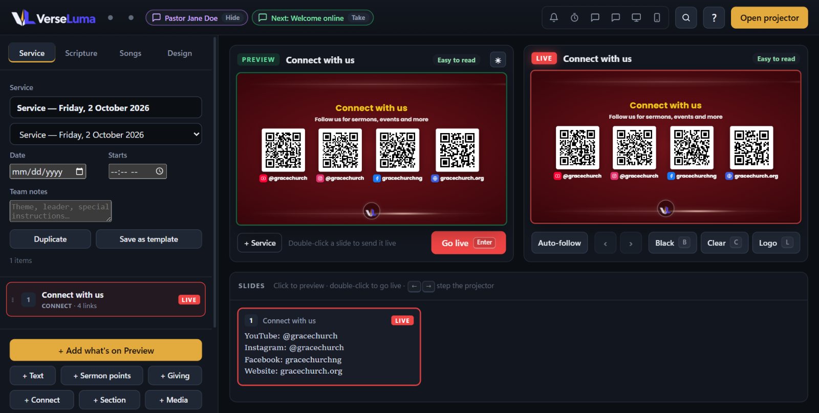 A Connect slide with four QR codes on preview and live