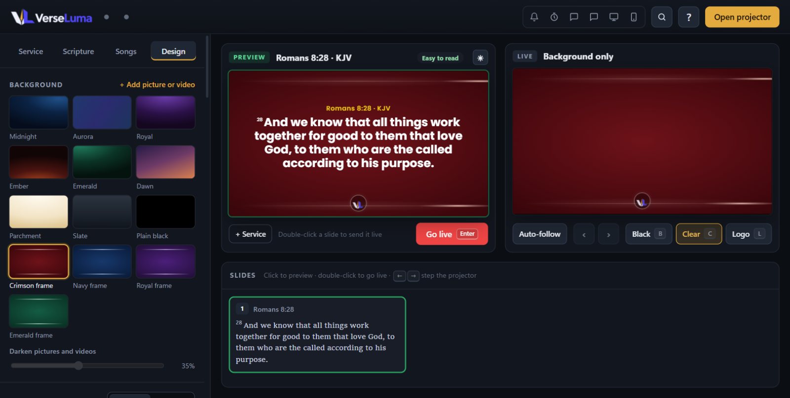The Design tab with backgrounds and text presets