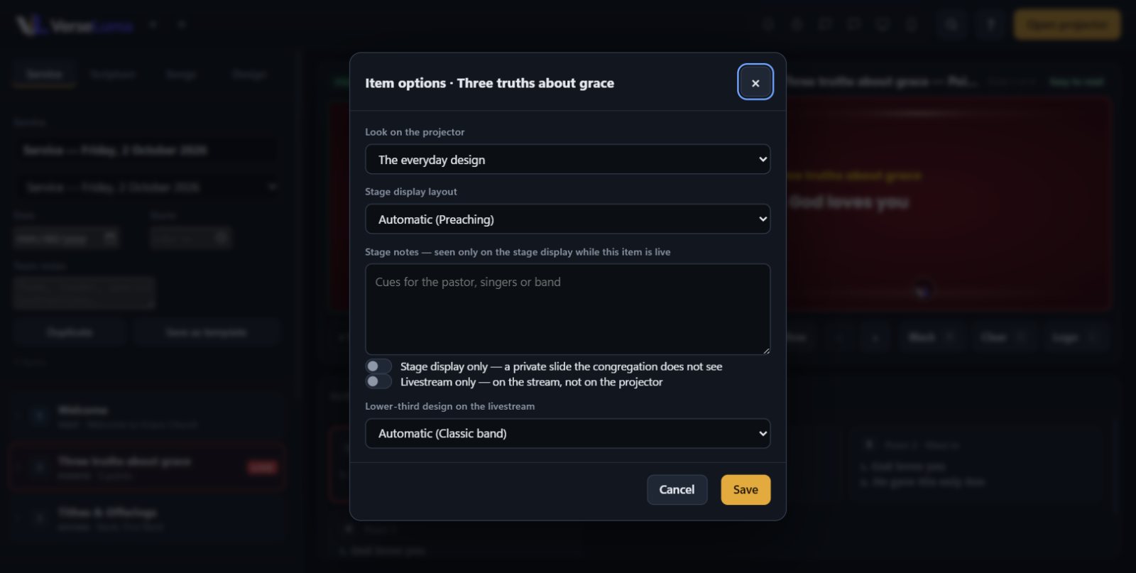 The Item options dialog