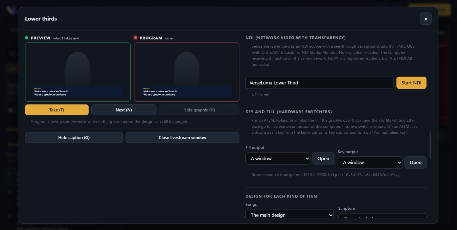 NDI and key and fill settings in the Lower thirds dialog