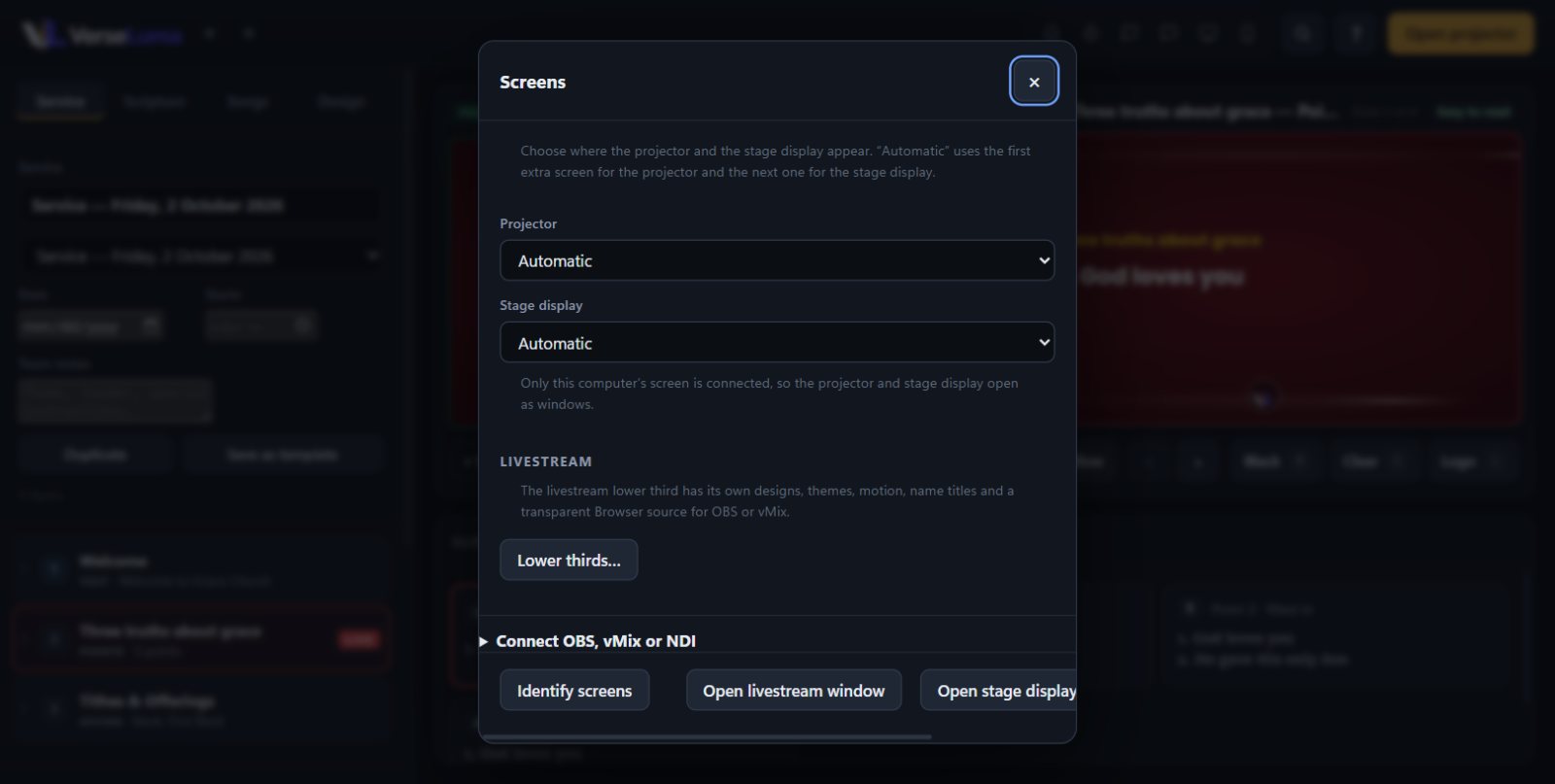 The Screens dialog