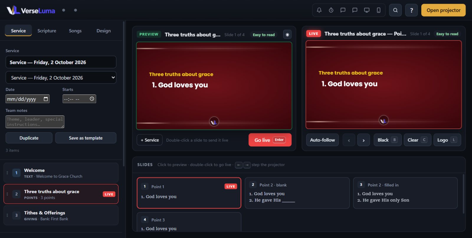 The operator window with the Service tab, Preview, Live and Slides