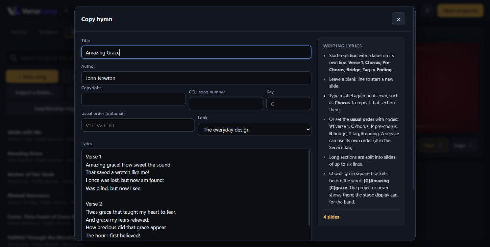 The song editor with lyrics and the Writing lyrics guide