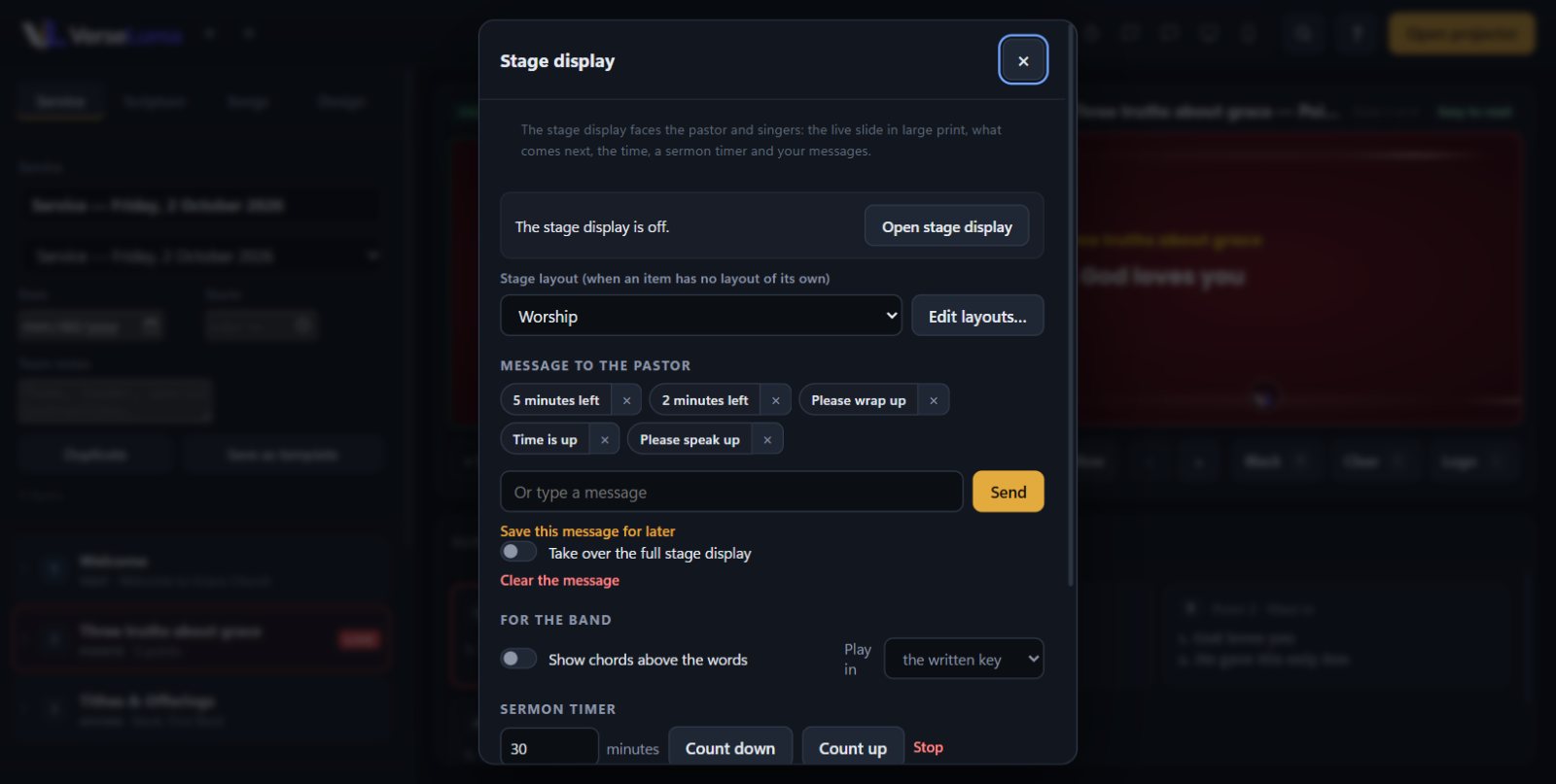 The Stage display dialog