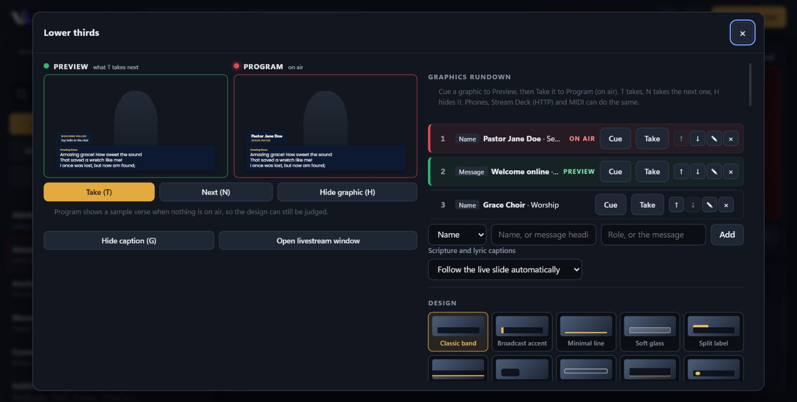 Lower thirds dialog with Preview, Program and a graphics rundown