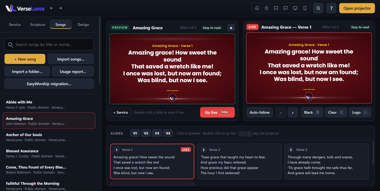 A song with verses shown as slides