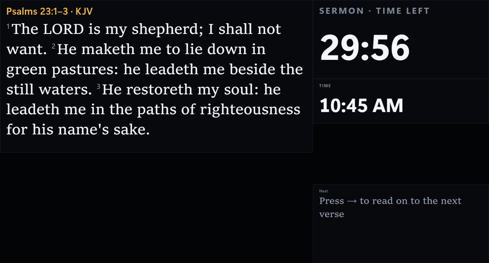 Stage display with Psalm 23, sermon timer and clock