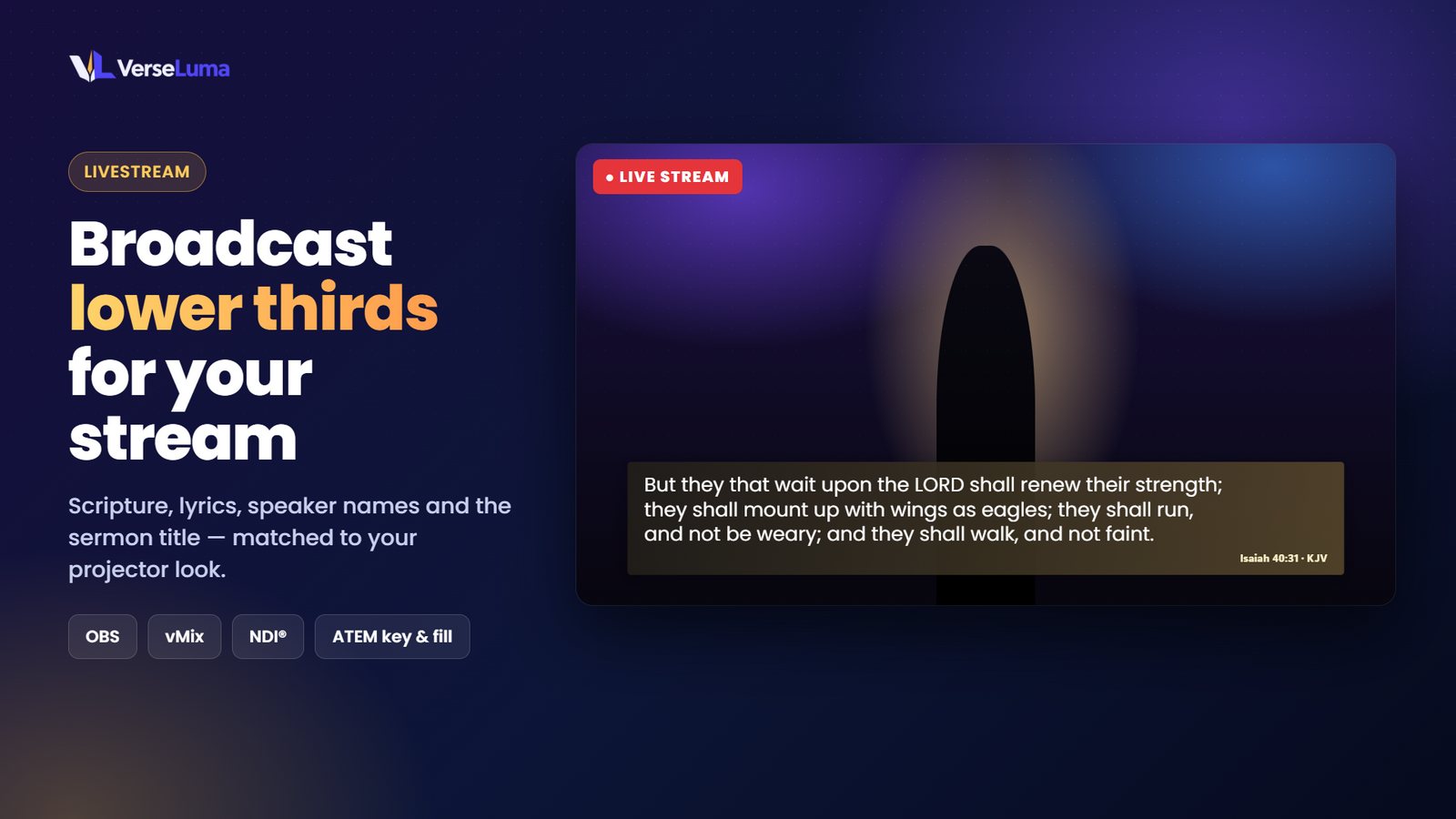Broadcast lower thirds: OBS, vMix, NDI and ATEM, matched to your projector.