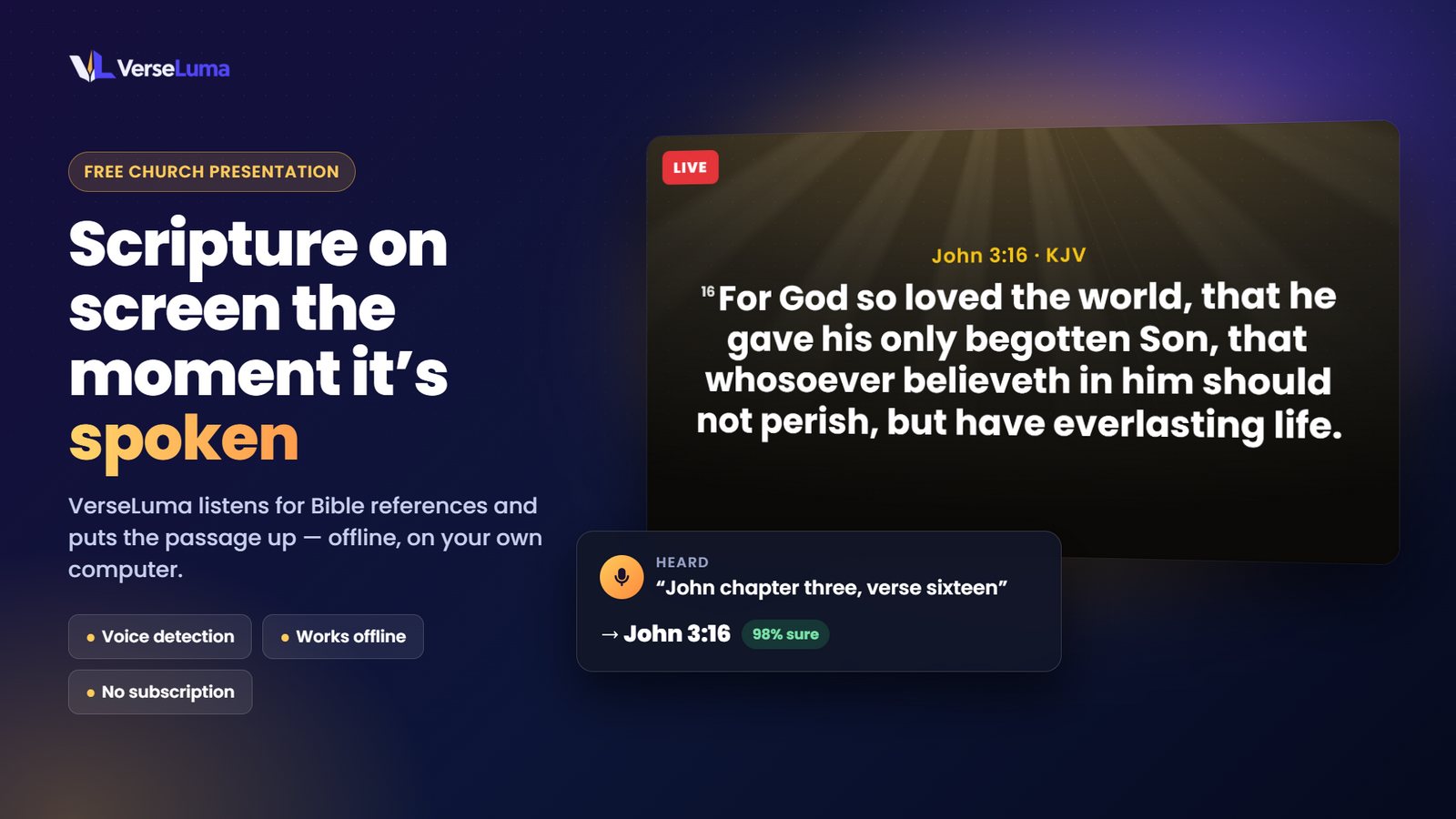 Scripture the moment it is spoken: Voice detection puts the passage up as the preacher speaks.