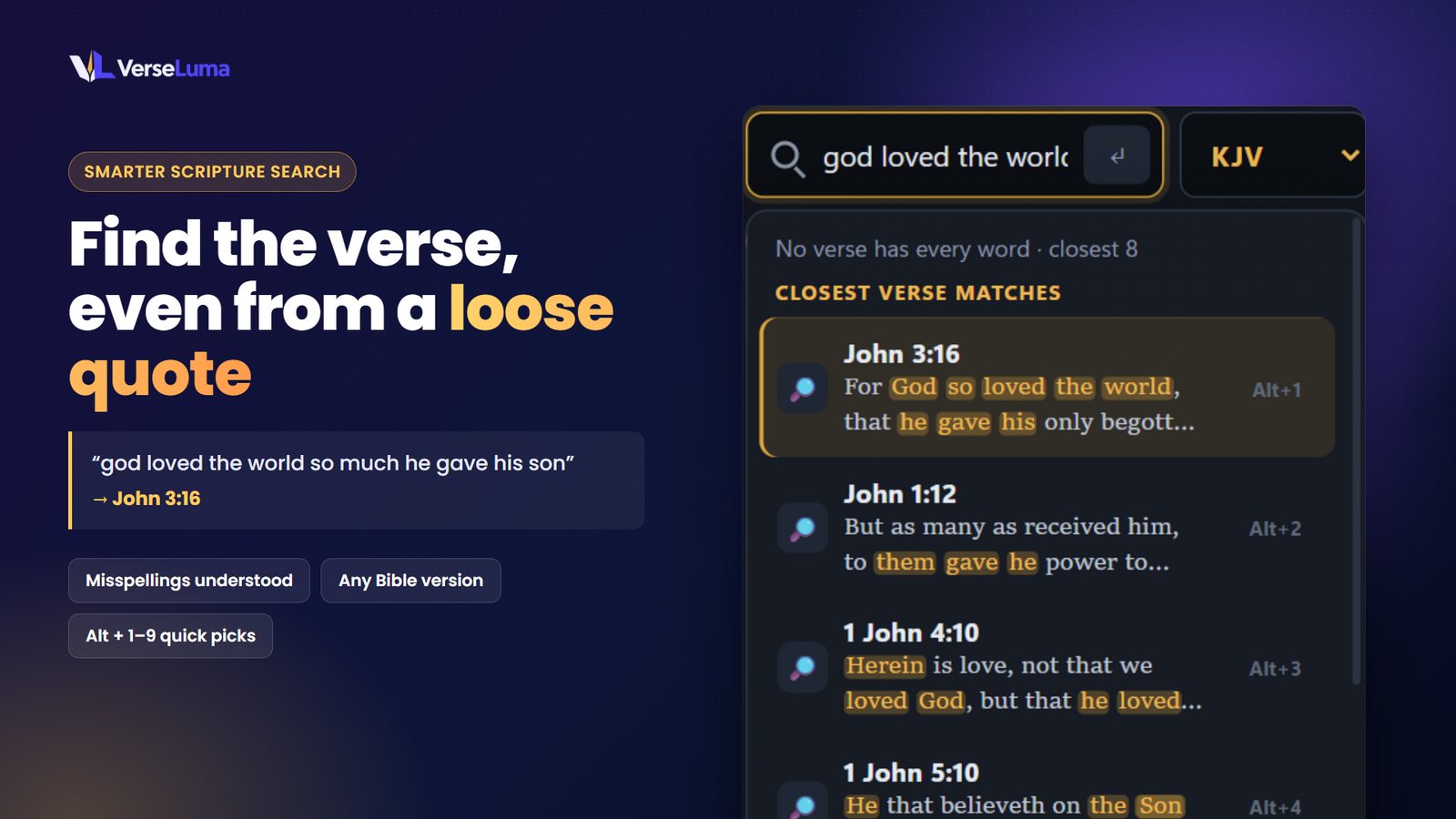 Find a verse from a loose quote: Misspellings and other Bible versions understood.